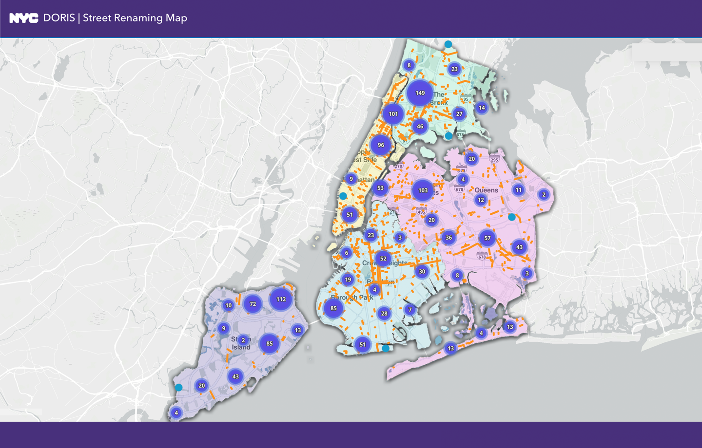 The NYC Honorary Street Names Map, with boroughs highlighted in different colors.
                                           
